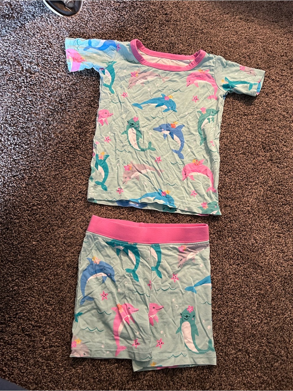 Little Sleepies Mint Dolphin Pajama Set with Pink Trim